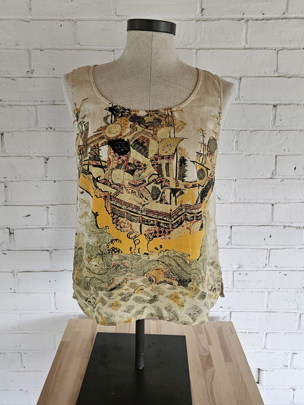 Vintage Citron 100% Linen Chinoiserie Print Sleveless Top
